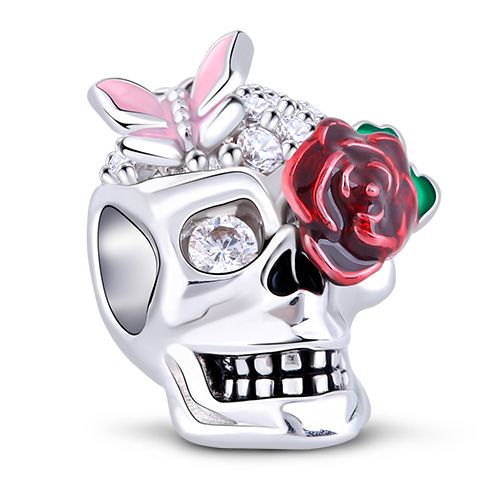 Charm 925 Sterling Silver - Skull with Butterfly and Enameled Rose