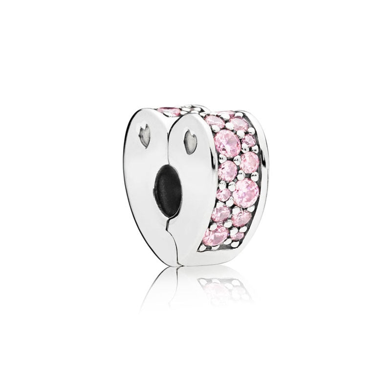 Charm 925 Sterling Silver - Pink Paved Heart Clip