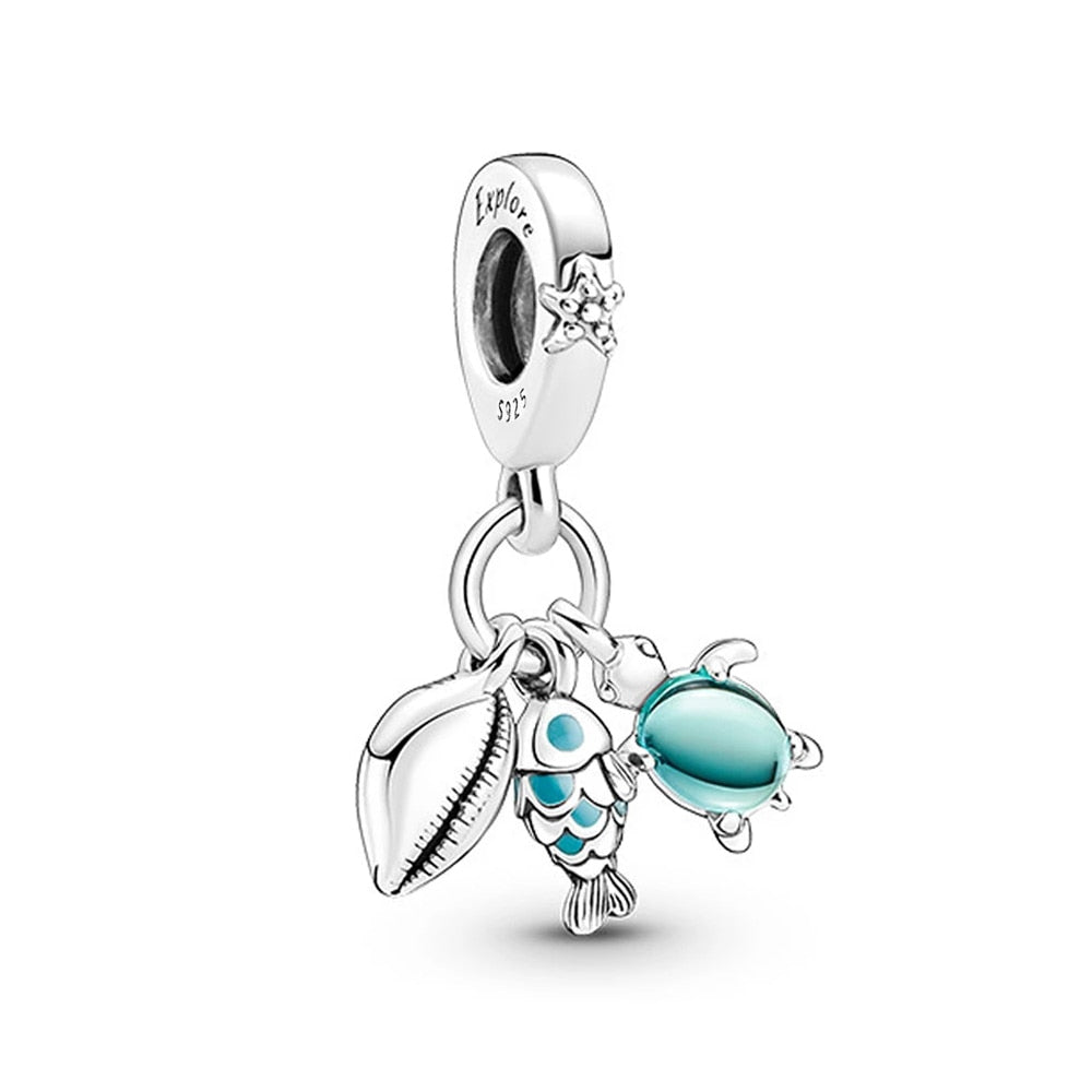 925 Sterling Silver Ocean Turtle Fish and Shell Charm