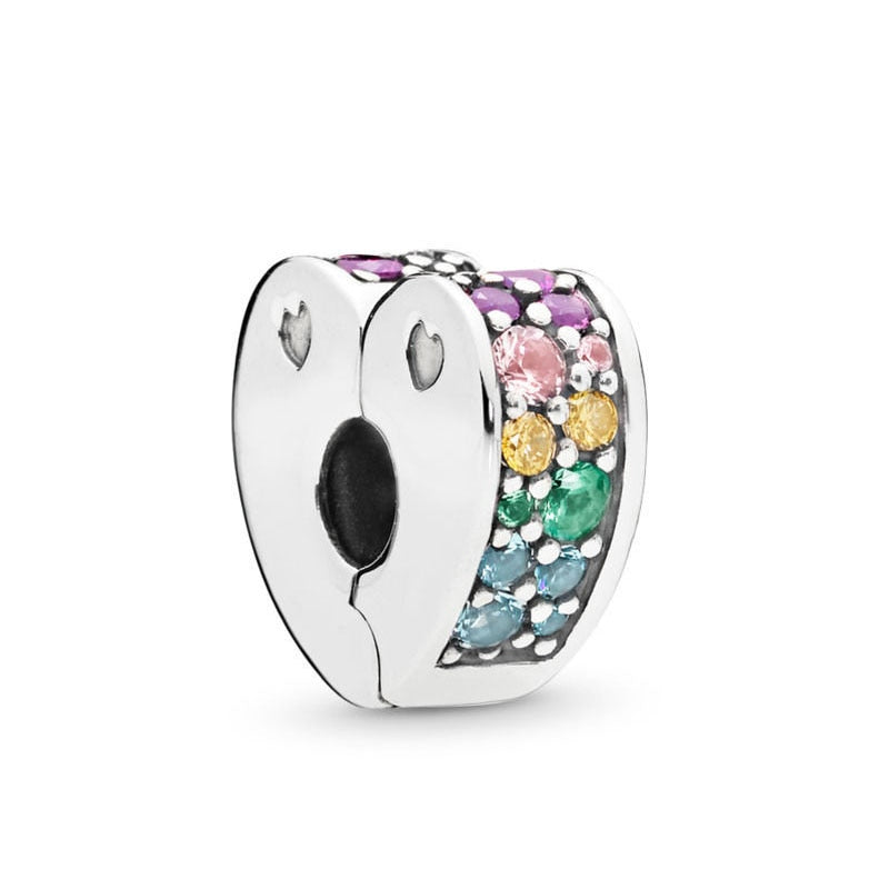 Charm 925 Sterling Silver - Colorful Paved Heart Clip