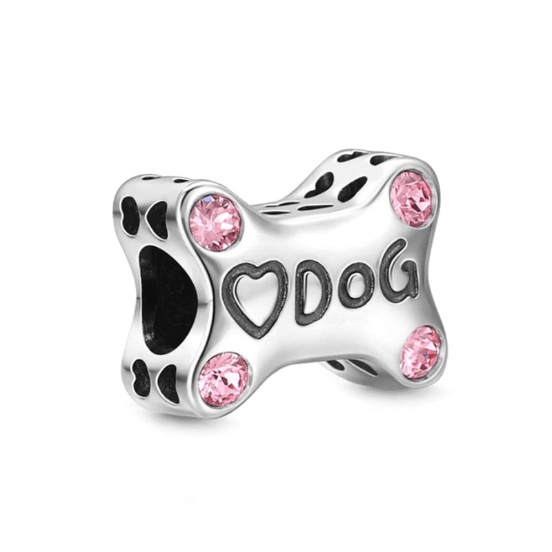 Sterling Silver Dog Bone Pink CZ Heart Charm Bead