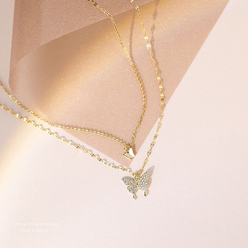 Colar Duplo Borboletas Folheado em Ouro ou Prata